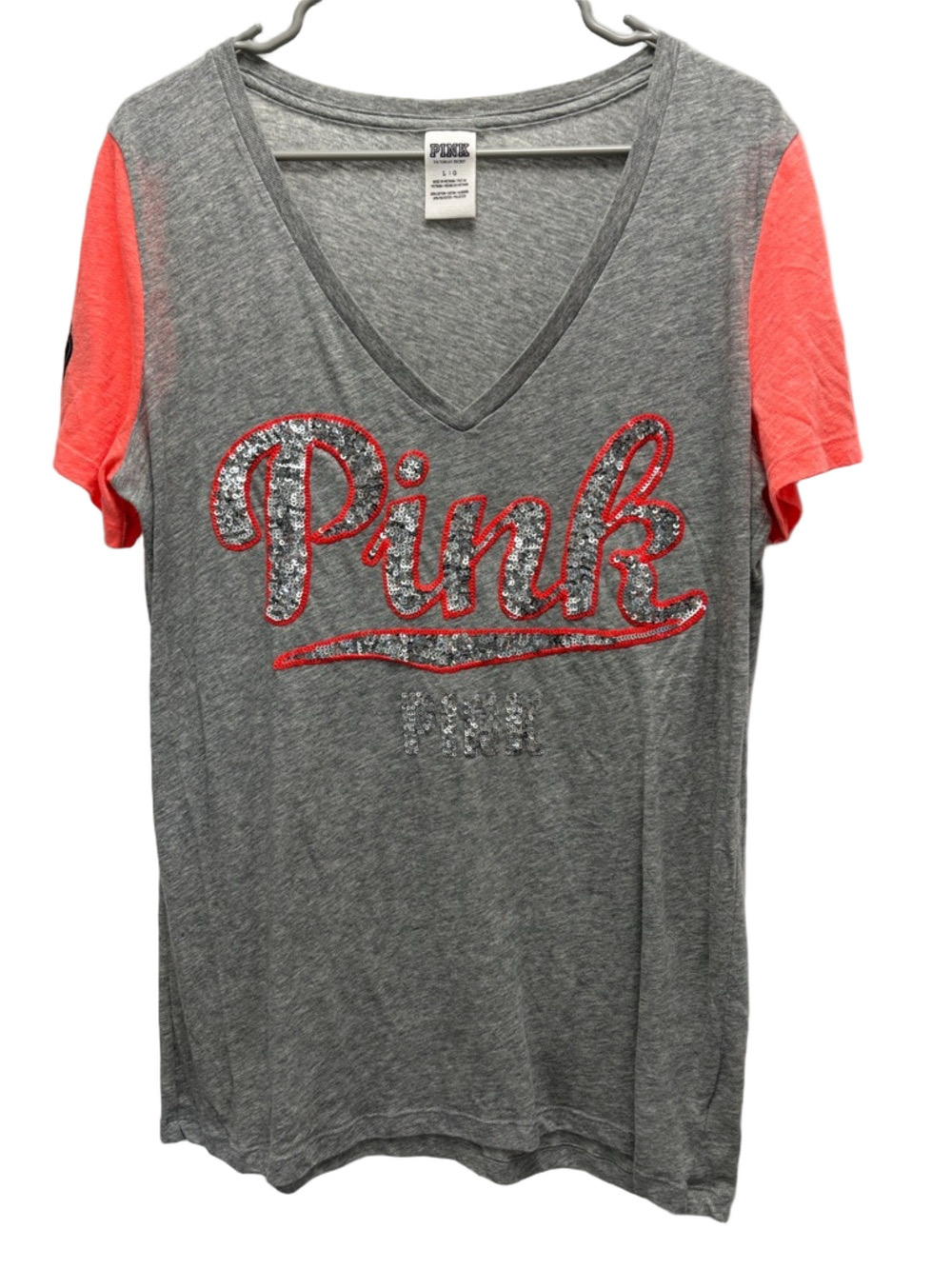 Y2K Victoria’s Secret PINK Bling Sequin Logo V-Neck Tee Large - Picture 8 of 8